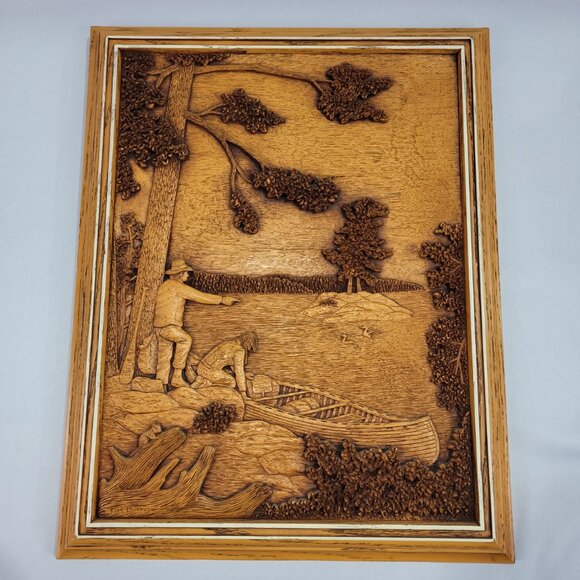 Kim Murray Vintage River Canoeing Picture 15"x19" Canoe Wilderness Wood Carving - Picture 1 of 2